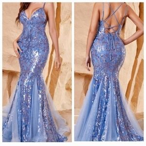 Blue Party Contrast Mesh Contrast Sequin,  CRISS Cross Tie Back Cami Lux…